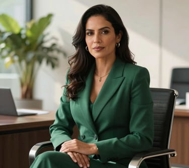 A polished executive portrait of a South American female director in a tailored dark green blazer, seated in a modern sunlit executive office with subtle indoor Brazilian foliage, high authority and confidence, professional corporate photography.