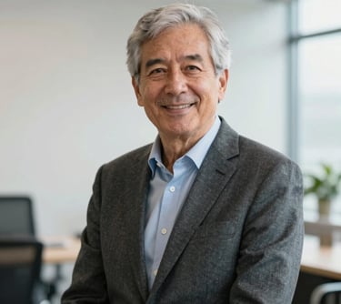 A professional portrait of a senior policy analyst in a bright, clean Canadian office setting, expressing trust and expertise through a warm yet professional look.