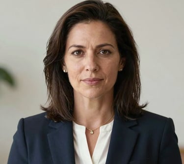 A professional headshot of a female leader in a North American corporate setting, looking empathetic and confident, with soft lighting and a neutral off-white background.