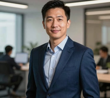 A professional headshot of a community organizer in a modern office, wearing a dark blue suit, looking approachable and resilient, North American style.