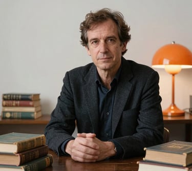 A portrait of an editor in a modern European / French studio, surrounded by vintage books and a burnt orange 70s lamp.