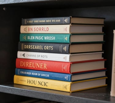 A stack of high-quality art books with colorful spines, placed on a retro dark charcoal shelf in a European / French home.