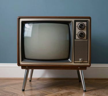 A vintage 1975 designer television set with chrome legs against a slate blue wall in a European / French interior.