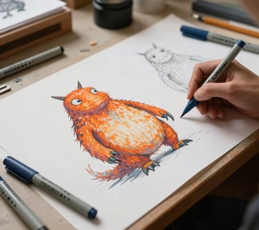 An artist's desk in a European / French atelier with sketches of a large orange creature and slate blue markers.