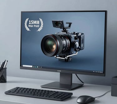 Professional designer working on a high-end monitor, clean modern desk, slate blue and light blue grey tones.