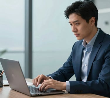 Digital marketing expert analyzing ad metrics on a laptop, professional office, dark slate blue and pale ice blue colors.