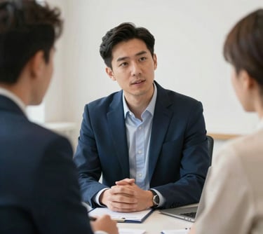 Business advisor consulting with a client, strategic and reliable mood, deep blue and off-white tones.