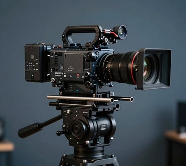 Professional filmmaker holding a high-end cinema camera, modern studio setting, dark navy and slate blue colors.