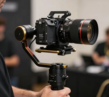 Close-up of a professional camera gimbal stabilizer being operated by a person in a luxury event setting, gold and black aesthetic, Romanian / Eastern European context.