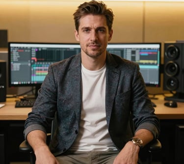 A professional portrait of a Romanian / Eastern European creative director, dressed in smart-casual attire, sitting in a luxury editing suite with gold ambient lighting.
