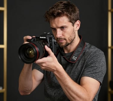Portrait of a professional Romanian / Eastern European lead photographer, holding a high-end mirrorless camera, cinematic lighting with a dark background and gold accents.