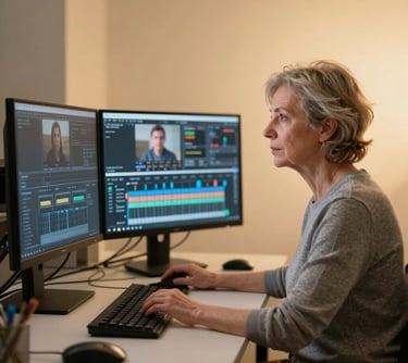 Portrait of a Romanian / Eastern European female senior video editor working at a desk with dual monitors, soft gold backlighting, professional and focused atmosphere.