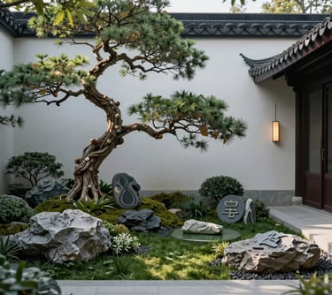 A refined East Asian scene showing a modern interpretation of the Five Elements in a garden, with artistic balance and serene lighting, reflecting long-term growth.