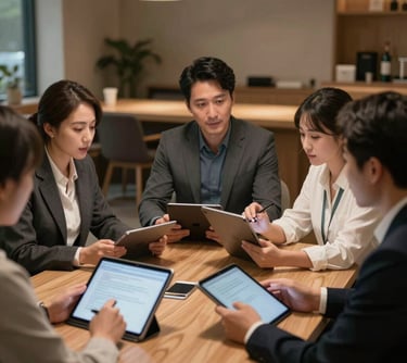 A collaborative meeting of East Asian professionals in a quiet luxury workspace, discussing wellness strategies with digital tablets and warm lighting.