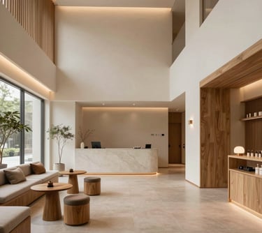 A minimalist and premium East Asian wellness center lobby, featuring clean architectural lines, warm natural materials, and a sense of peaceful sanctuary.