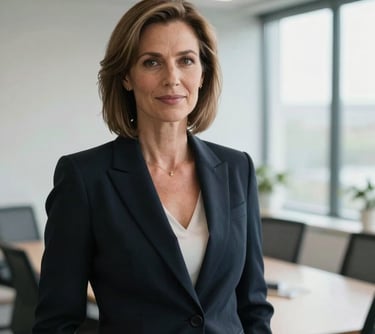 A professional portrait of a woman in her late 40s, European, wearing a dark blazer, standing in a bright modern office in Courbevoie, representing leadership and confidence.