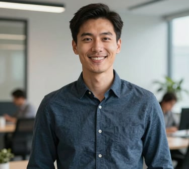 A professional portrait of a male staff member in modern business casual attire, smiling confidently, in a clean European office setting with soft focus background.