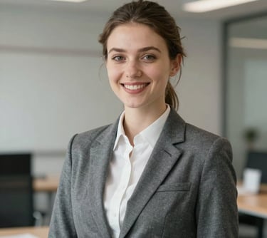 A professional portrait of a young female instructor, European, with a friendly smile, dressed in professional grey attire, in a modern interior.