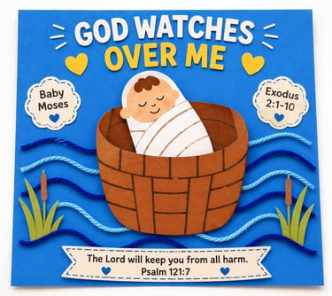 Baby Moses in a basket on the Nile River Bible craft for kids with Exodus 2:1-10 scripture.