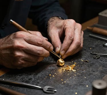 A master goldsmith at work at a bench, surrounded by delicate hand tools and gold shavings. The lighting is dramatic, casting deep bronze shadows against a professional dark charcoal background.