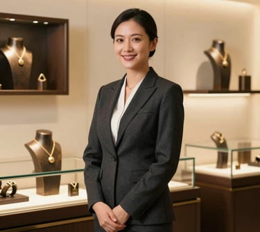 A portrait of a hospitality manager smiling in a luxury showroom. She is dressed in a dark charcoal professional suit, standing against a backdrop of warm cream walls and deep bronze jewelry displays.
