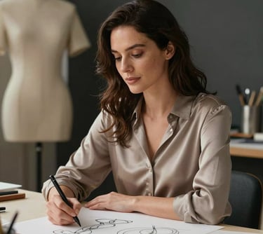 A portrait of a woman with a serene expression, the lead designer. She is wearing a soft taupe silk blouse, sketching jewelry designs in a studio filled with warm cream light and dark charcoal accents.