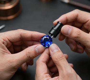 A focused close-up shot of a gemologist's hands holding a specialist loupe over a brilliant blue sapphire. The background is a clean, dark charcoal workspace with hints of deep bronze ambient light.