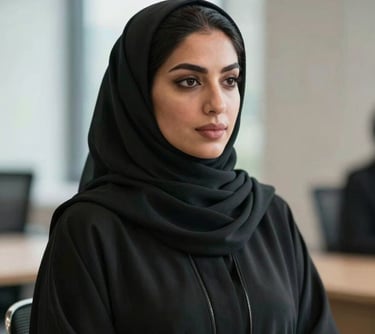 A professional portrait of a Middle Eastern female executive in business-appropriate Abaya, looking professional and trustworthy, soft natural light.