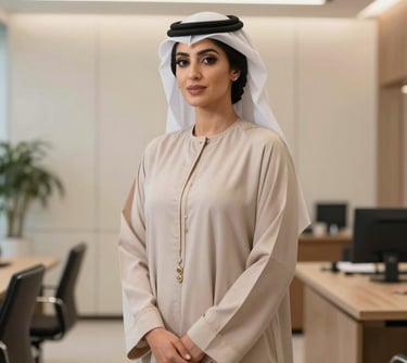 A professional portrait of a woman in elegant Emirati attire, standing in a bright modern office with cream-colored walls, soft professional lighting.