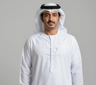 A professional portrait of an Emirati male manager in a white Kandura, standing against a neutral light grey background, looking composed and reliable.