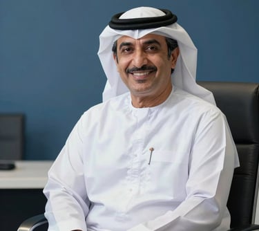 A professional portrait of a high-ranking executive in a white Kandura, smiling confidently in a corporate setting with slate blue accents, Middle Eastern / Gulf / Emirati style.