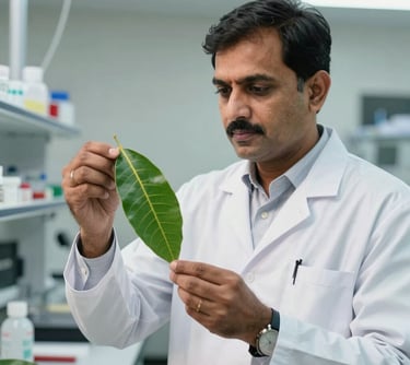 A professional portrait of a South Asian / Pakistani agricultural expert in a white coat, examining a healthy mango leaf in a high-tech lab. He represents scientific excellence and agricultural heritage.