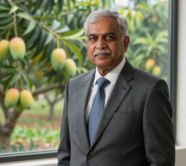 A professional portrait of a senior South Asian / Pakistani male executive in a tailored suit, standing in front of a window overlooking a lush mango orchard. He conveys authority, trust, and deep industry knowledge.