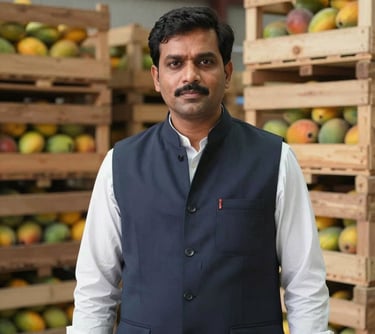 A professional portrait of a South Asian / Pakistani man in his 40s wearing a modern vest, standing in a warehouse with stacked wooden mango crates. He looks reliable and experienced in global logistics.
