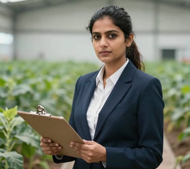 A professional portrait of a South Asian / Pakistani woman in smart business attire, holding a clipboard in a clean agricultural facility. She represents quality control, precision, and modern professionalism.