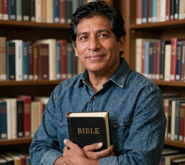 Portrait of a South American man in his 30s, looking knowledgeable and friendly, standing in the Christian literature section of a bookstore. He represents expertise in Bibles and devotionals.