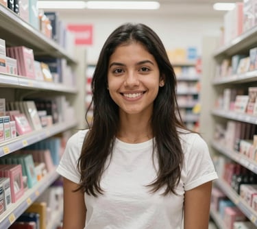Portrait of a young South American woman in her 20s, smiling, standing in a bright stationery section of the store. She represents the friendly and welcoming customer service of the brand.