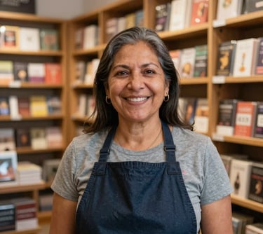 Portrait of a friendly South American woman in her late 40s, the founder of the store, smiling warmly in a professional yet approachable manner, standing in front of organized shelves in a modern bookstore.