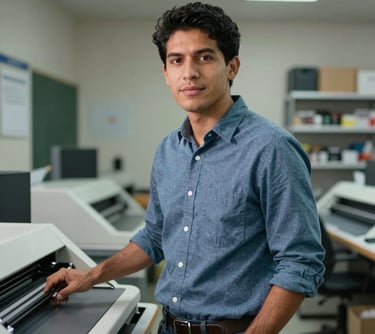 Portrait of a young South American man in his mid-20s, standing near a professional printing station in a clean, organized retail environment. He looks professional and ready to help.