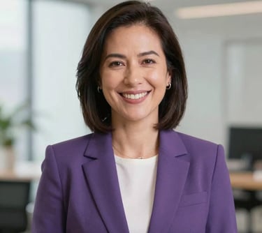 Professional portrait of Tielen Ribeiro, founder of Zempreender. She is smiling confidently, wearing professional attire with subtle purple accents, in a bright, modern studio setting.