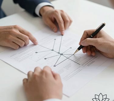 A high-quality image of professional hands working on a strategy map on a clean white desk, with a geometric lotus symbol in the corner.