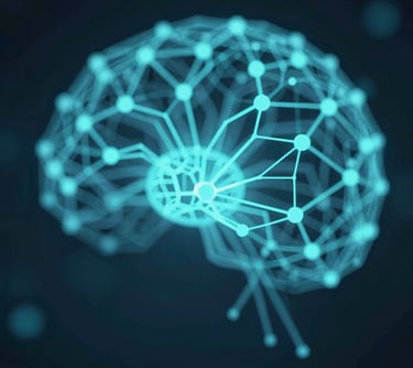 An abstract visualization of digital neural networks in cyan tones, representing the hybrid use of Artificial Intelligence in marketing strategies.