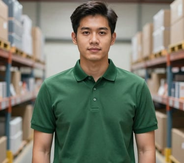 A professional portrait of a young Thai man wearing a clean #4A6C5B green polo shirt, standing in front of a clean, organized warehouse environment. Trustworthy and capable look.