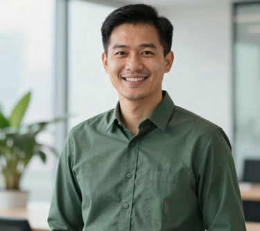 A professional portrait of a Thai male executive in a smart #1E3A2F dark green shirt, smiling warmly against a bright, professional office backdrop with greenery.
