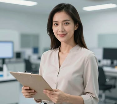 A professional portrait of a Thai woman in a neutral #F5F6F3 blouse, standing in a modern, brightly lit quality testing facility, holding a clipboard. Professional and trustworthy mood.