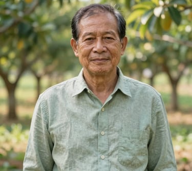 A professional portrait of an elderly Thai man, an agricultural advisor, wearing a light sage green (#A0BBAA) linen shirt, standing in a sunny orchard. Natural, warm lighting.