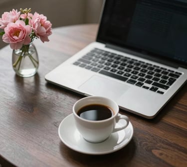 An elegant desk setup with a modern laptop, a cup of fine coffee, and a small vase of pink flowers. Suggesting luxury professional action.