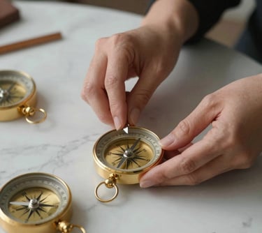 Detail of a woman's hands elegantly arranging golden compass or luxury tools on a marble desk. Focus on the sense of direction and purpose.