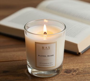 A close-up of a high-end luxury candle and an open book on a wooden surface, suggesting peace and inner alignment. Soft, warm lighting.