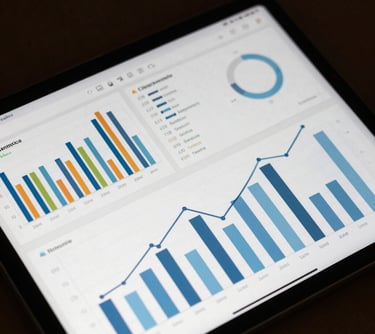 A tablet screen displaying a detailed music analytics interface with colorful bar charts and growth trends in shades of sky blue and slate.